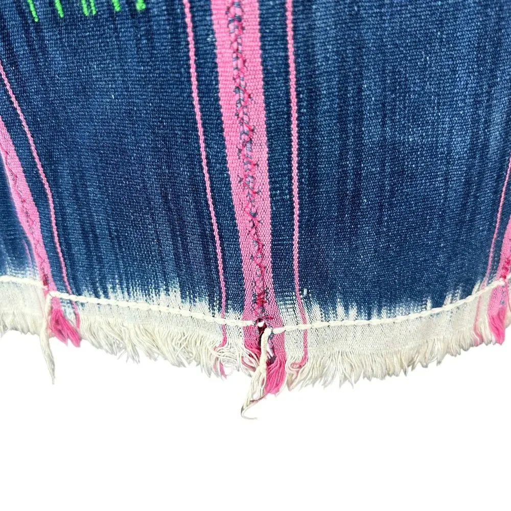 Striped Woven Textile Throw Pink Navy Cream Fringe Boho Global Eclectic Decor
